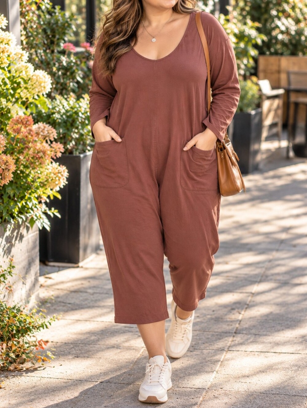 New In Plus Size Rust Brown Relaxed Scoop Neck Cotton Stretch Jumpsuit Casual